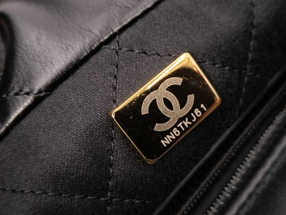 CHANEL CHANEL 22 Shiny Calfskin Chain Shoulder Bag with Gold Hardware and Pouch, AS3260, Serial Number Plate, Black, Shoulder Bag