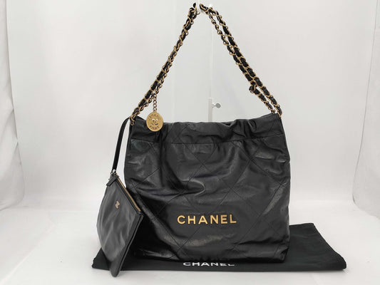 CHANEL CHANEL 22 Shiny Calfskin Chain Shoulder Bag with Gold Hardware and Pouch, AS3260, Serial Number Plate, Black, Shoulder Bag