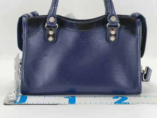 BALENCIAGA Giant Mini City Handbag in Dark Navy Leather/Patent Leather Includes dust bag and shoulder strap.