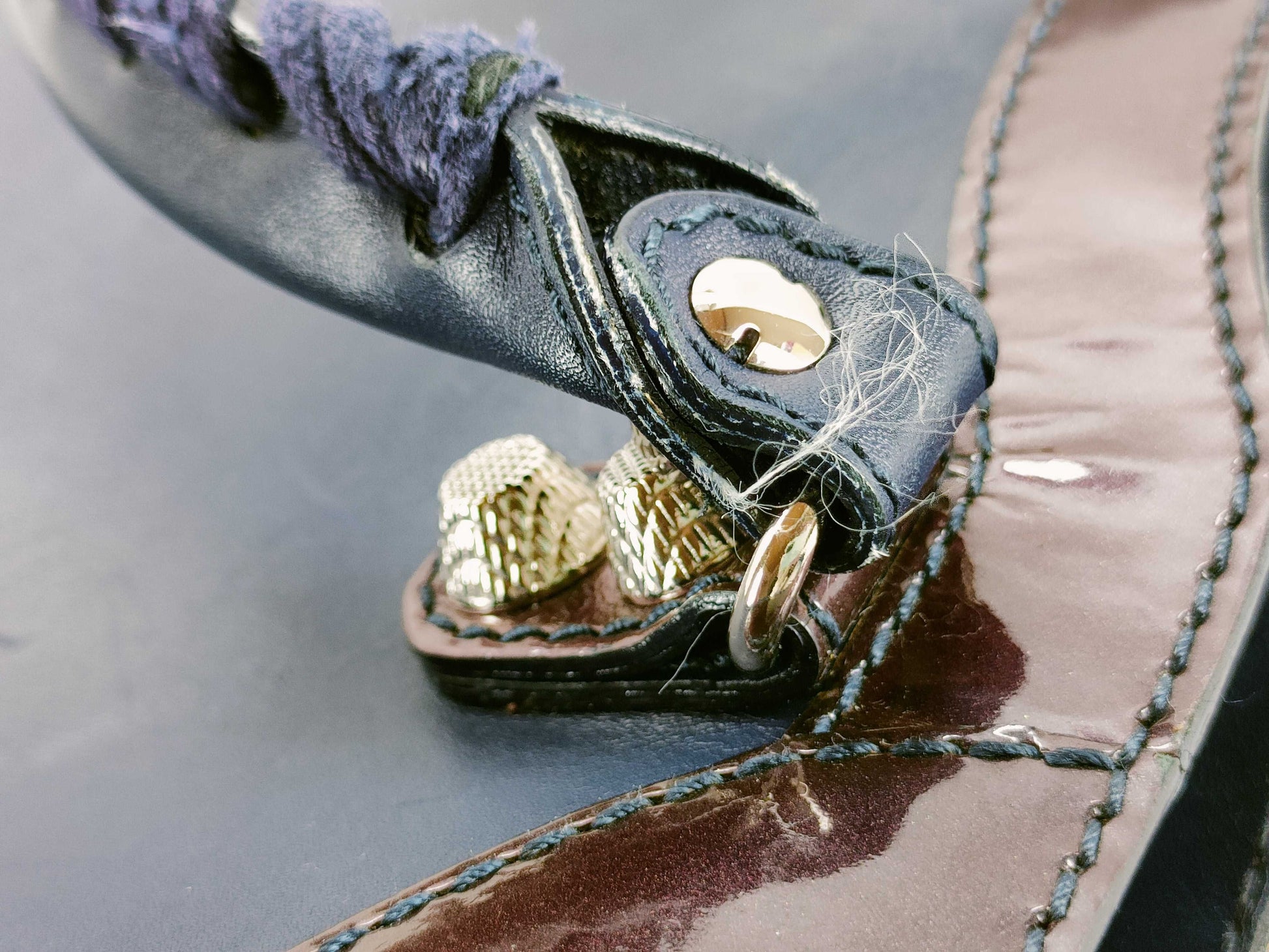 BALENCIAGA Giant Mini City Handbag in Dark Navy Leather/Patent Leather Includes dust bag and shoulder strap.