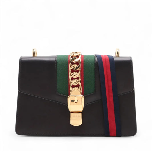 GUCCI Sylvie Leather Shoulder Bag, Navy, 421882