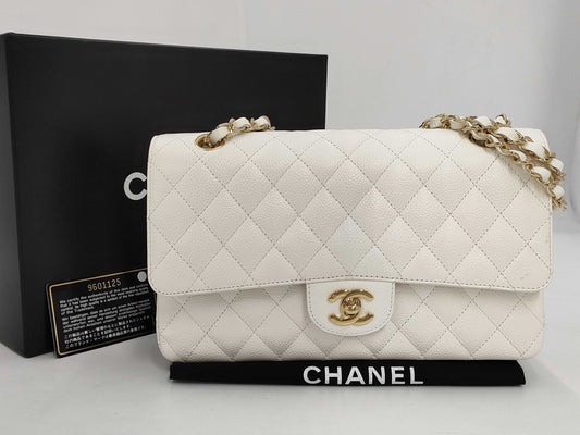 CHANEL Caviar Skin Double Flap Matelasse Chain Shoulder Bag White 9 Series Shoulder Bag