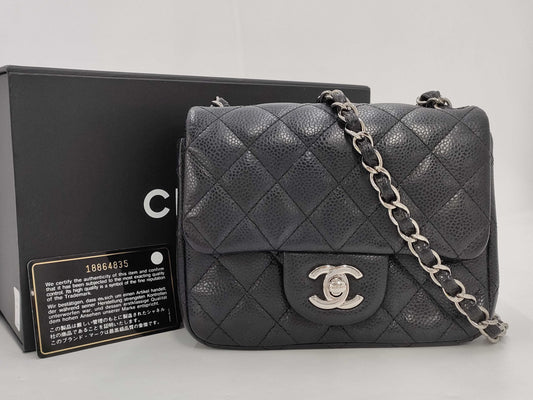 CHANEL Mini Matelasse Caviar Leather Chain Shoulder Bag, Black, 18 Series