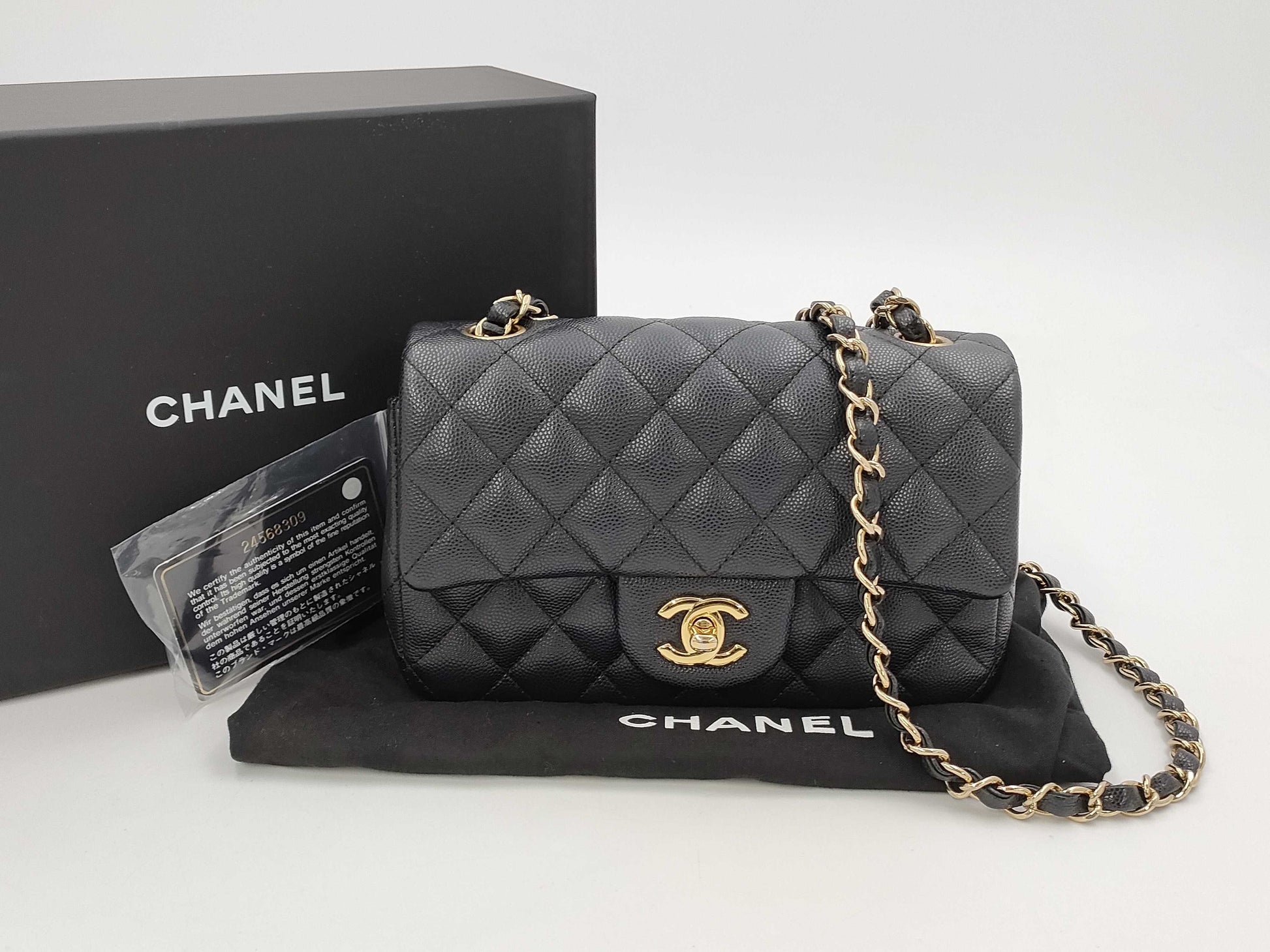 CHANEL Mini Matelasse Caviar Leather Chain Shoulder Bag, Black, No. 24