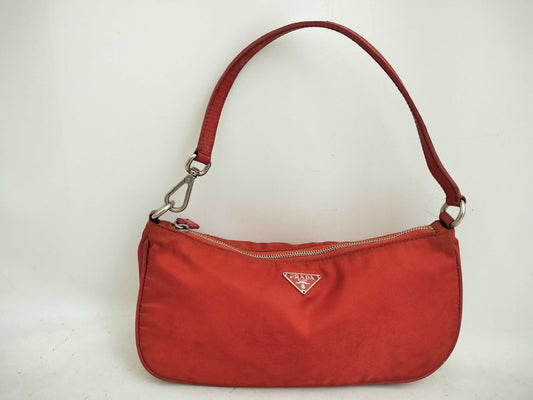 PRADA Nylon Accessory Pouch Handbag with Triangle Logo, Orange