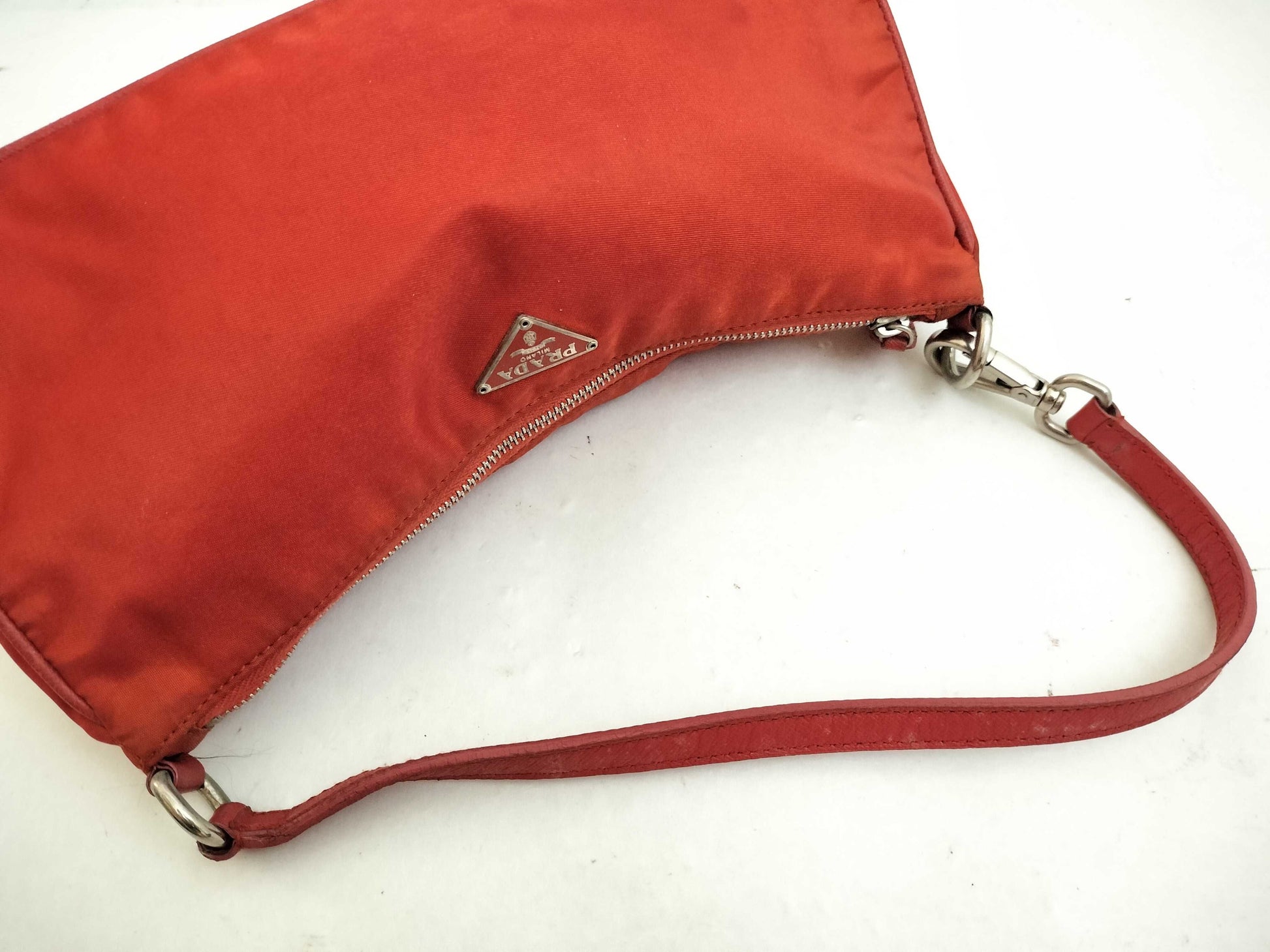 PRADA Nylon Accessory Pouch Handbag with Triangle Logo, Orange