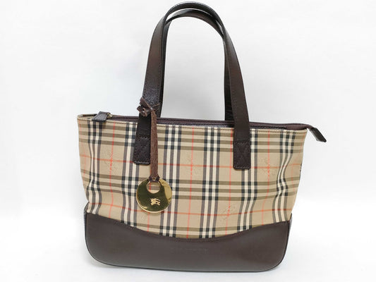 BURBERRY Nova Check Handbag with Leather Bottom, Brown and Beige