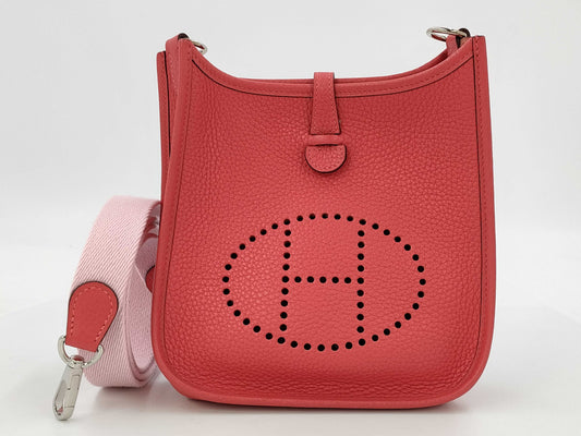 HERMES Evelyn TPM Taurillon Clemence Leather Shoulder Bag in Rose Pivoine/Rose Sakura with Silver Hardware and T Stamp