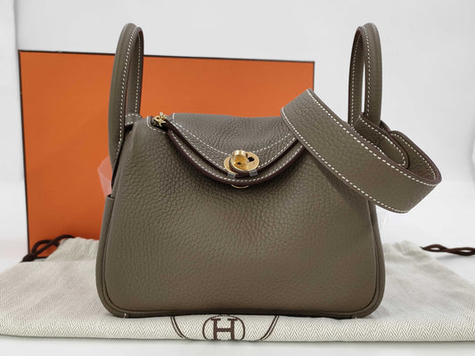 HERMES Lindy Mini Taurillon Etoupe Shoulder Bag with GD Hardware and Double Stamp