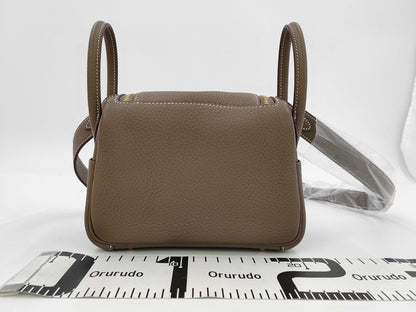 HERMES Lindy Mini Taurillon Etoupe Shoulder Bag with GD Hardware and Double Stamp
