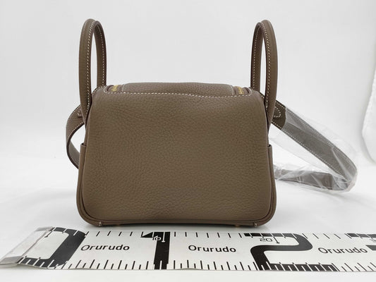 HERMES Lindy Mini Taurillon Etoupe Shoulder Bag with GD Hardware and Double Stamp