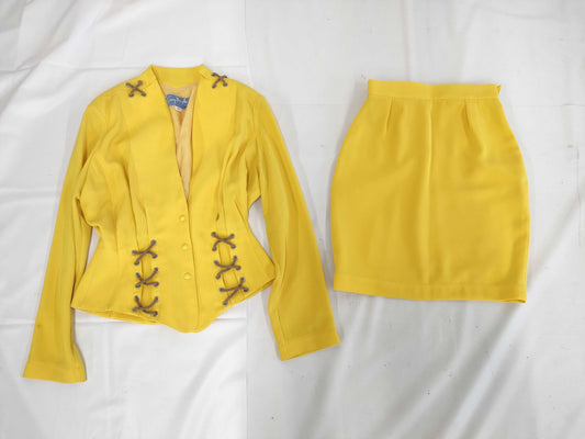 (10462_0322) Thierry Mugler Skirt Suit Rope Wrap Skirt Shoulder Pat Yellow 9 Other Apparel