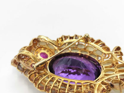 Owl motif, AM 36.91ct, colored cat's eye 16.47ct, R 1.10ct, D 0.32ct, K18, 32.4g, brooch 