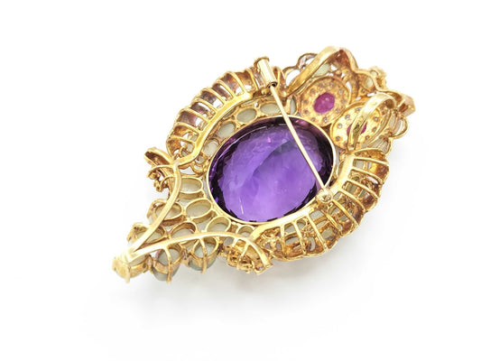 Owl motif, AM 36.91ct, colored cat's eye 16.47ct, R 1.10ct, D 0.32ct, K18, 32.4g, brooch 