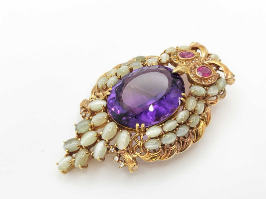 Owl motif, AM 36.91ct, colored cat's eye 16.47ct, R 1.10ct, D 0.32ct, K18, 32.4g, brooch 