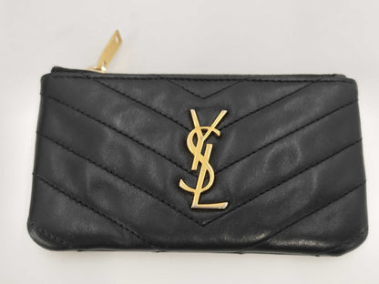 (10461_0051) Yves Saint Laurent Monogram V-Stitch Keyring Coin Case Leather Black 438386 Coin Case