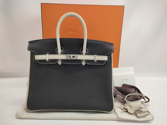 HERMES Birkin 25 Togo Black Crepe Sterling Silver Hardware Special Order B Stamp Handbag