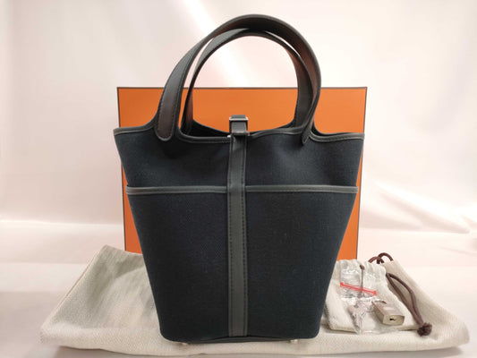 HERMES Picotin Lock PM Cargo Toilet Goelan Swift Black Handbag with Silver Hardware and Double Stamp