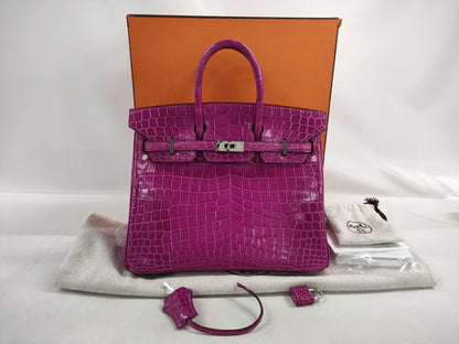HERMES Birkin 25 Niloticus Rose Scheherazade Handbag with Silver Hardware and Q Stamp