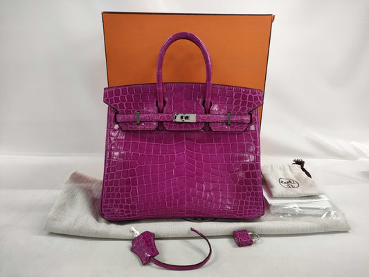 HERMES Birkin 25 Niloticus Rose Scheherazade Handbag with Silver Hardware and Q Stamp