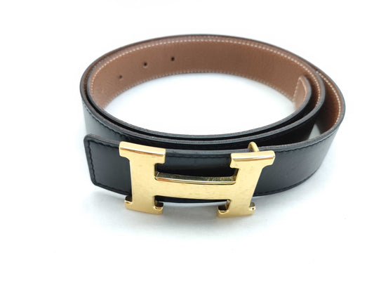 HERMES Constance Leather Belt with H Stamp, Black and Brown