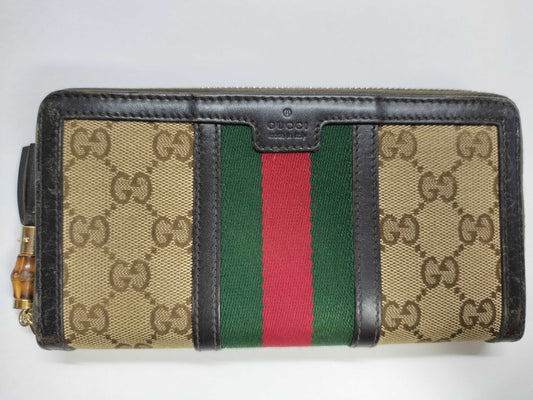 GUCCI Bamboo Sherry Line GG Canvas Zip-Around Long Wallet 353651・0416 Brown Wallet