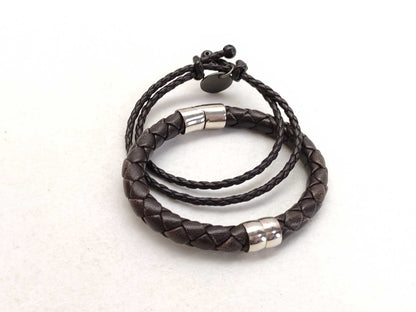BOTTEGA VENETA Intrecciato Leather and SV925 Bracelet in Dark Brown
