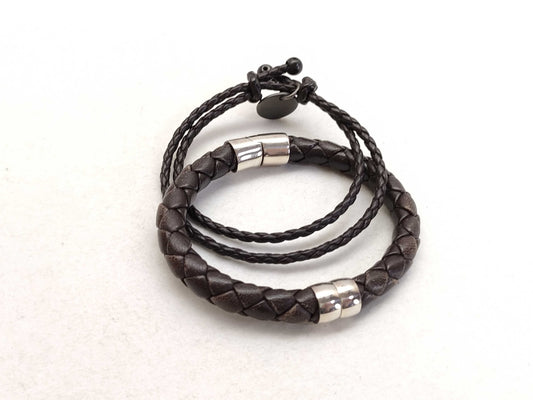 BOTTEGA VENETA Intrecciato Leather and SV925 Bracelet in Dark Brown