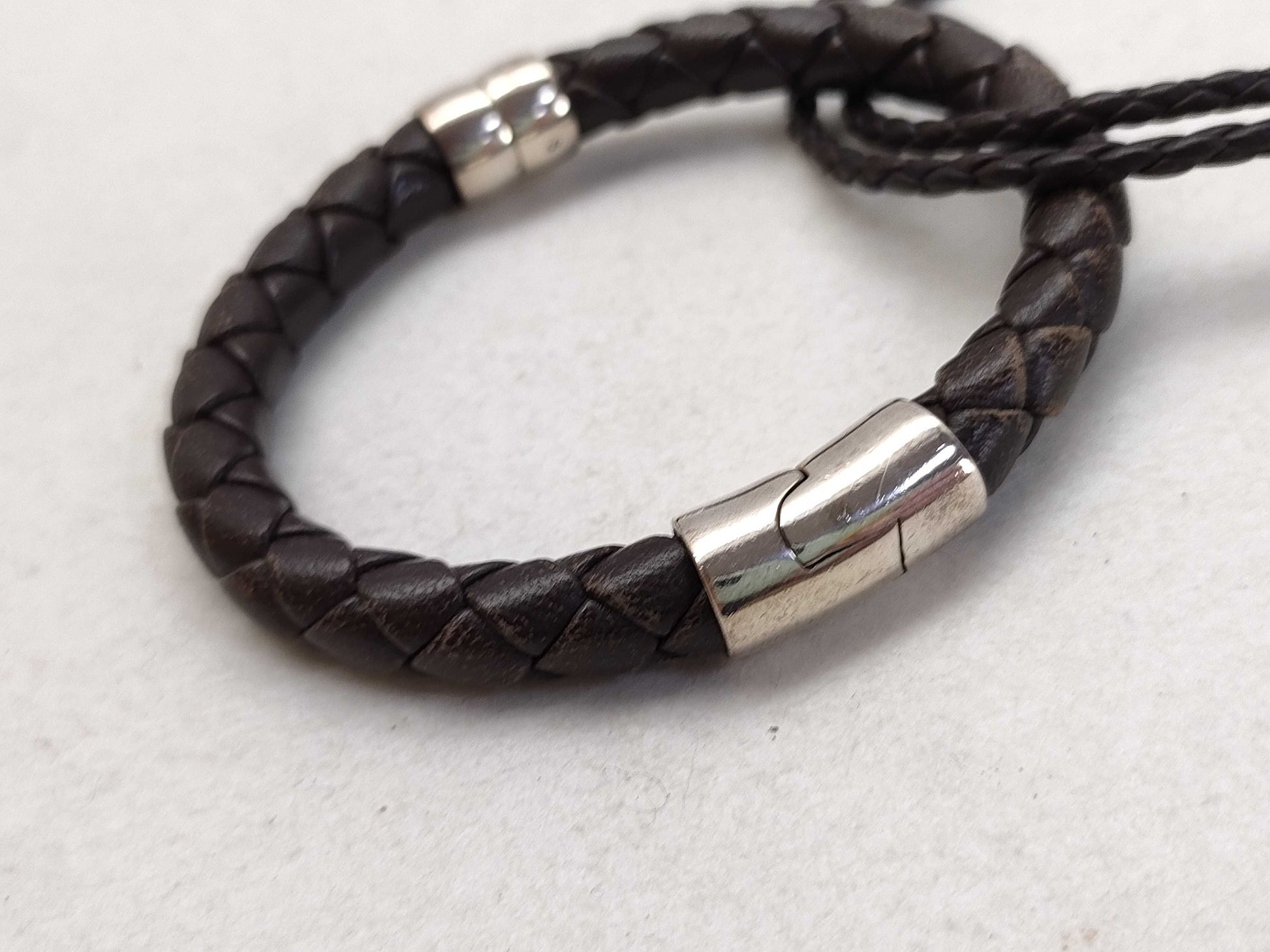 BOTTEGA VENETA Intrecciato Leather and SV925 Bracelet in Dark Brown