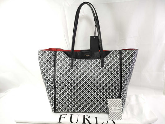 FURLA Furla Leather Tote Bag Black x White x Red Tote Bag