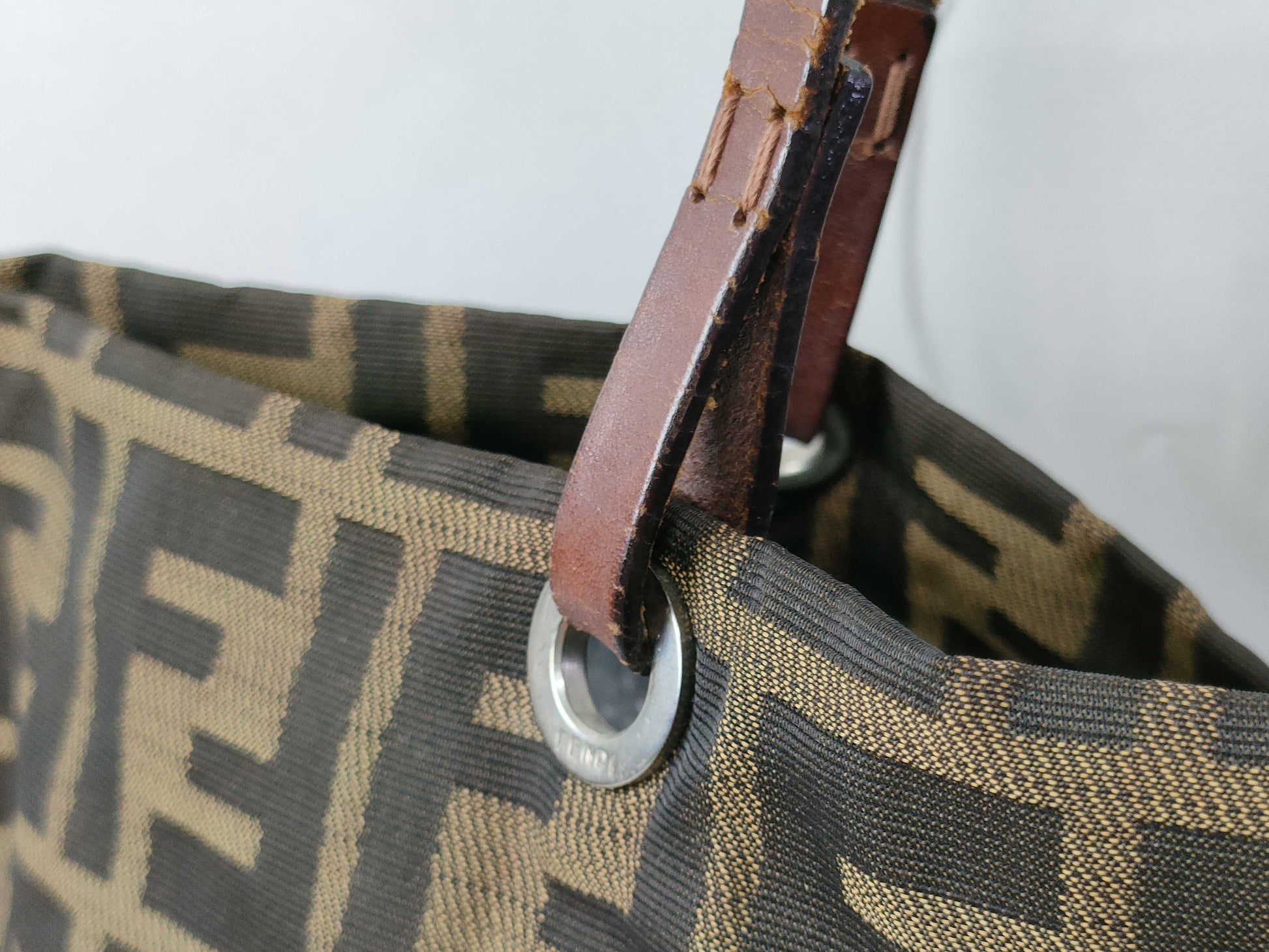 FENDI Zucca nylon canvas and leather tote bag 83158781992 Brown and khaki