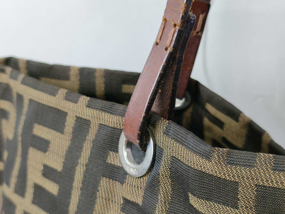 FENDI Zucca nylon canvas and leather tote bag 83158781992 Brown and khaki