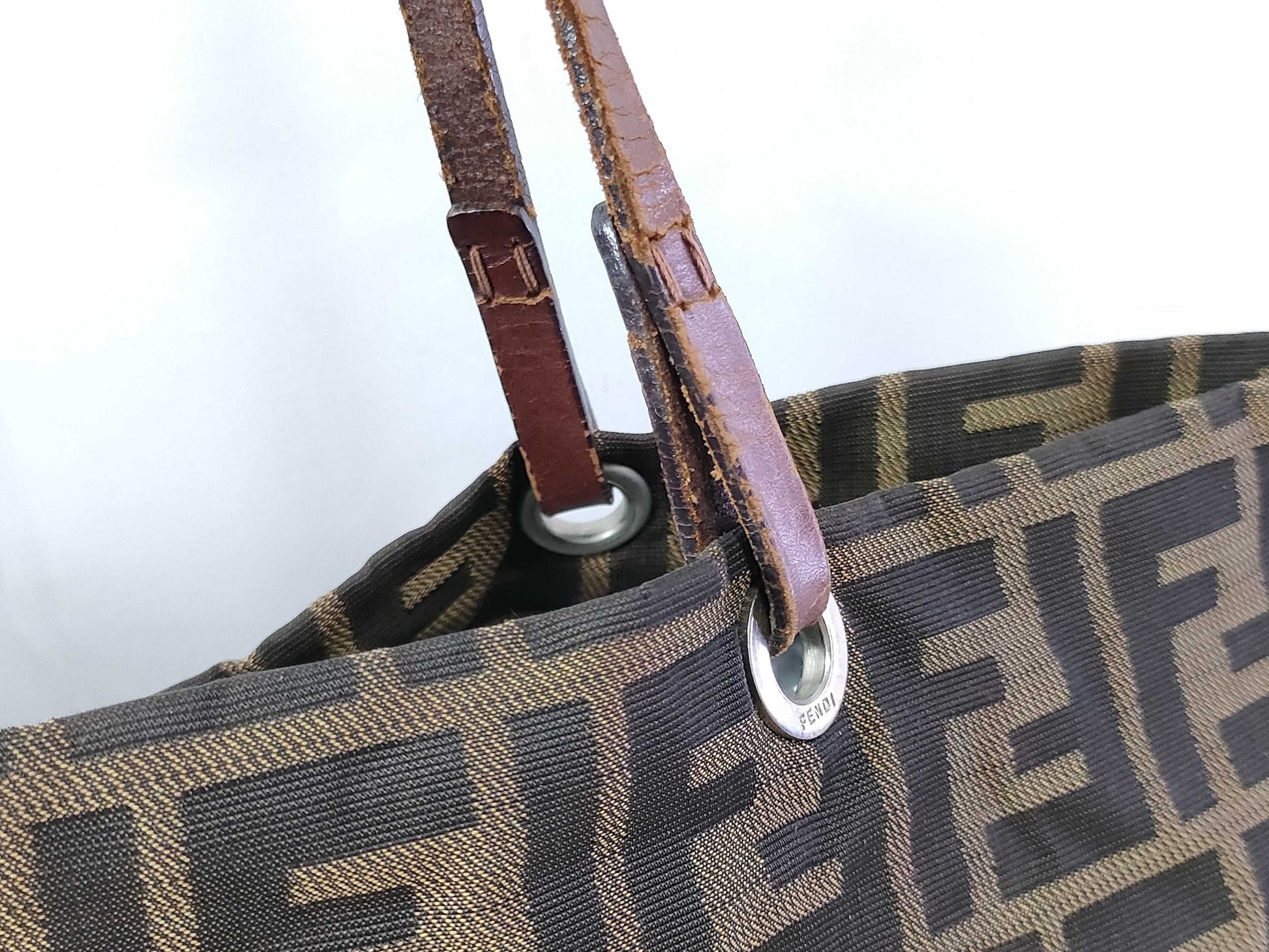 FENDI Zucca nylon canvas and leather tote bag 83158781992 Brown and khaki