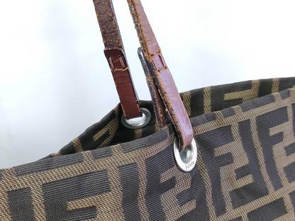 FENDI Zucca nylon canvas and leather tote bag 83158781992 Brown and khaki