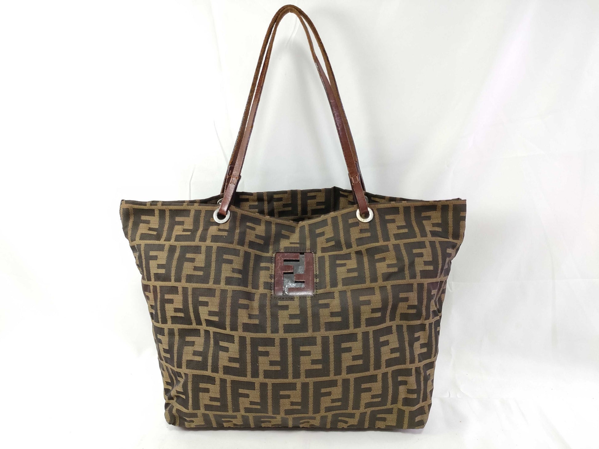 FENDI Zucca nylon canvas and leather tote bag 83158781992 Brown and khaki