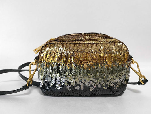 PRADA Prada Sequin and Leather Shoulder Bag, Black and Gold