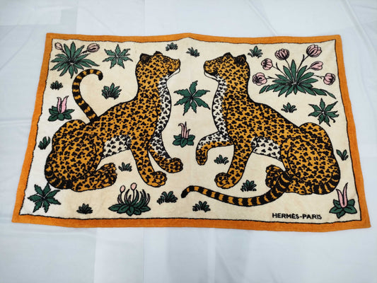 HERMES Les Leopards Large Beach Towel, Cotton, Orange x Ivory, Other Accessories