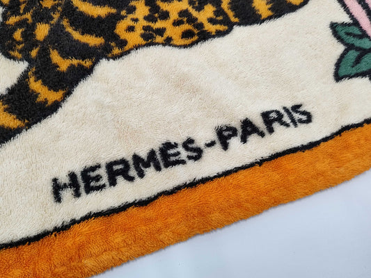 HERMES Les Leopards Large Beach Towel, Cotton, Orange x Ivory, Other Accessories