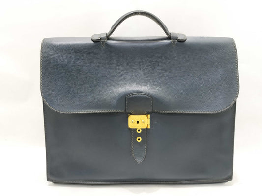 HERMES Sac A Depeche 38 Leather Briefcase, Navy Blue, C Stamped
