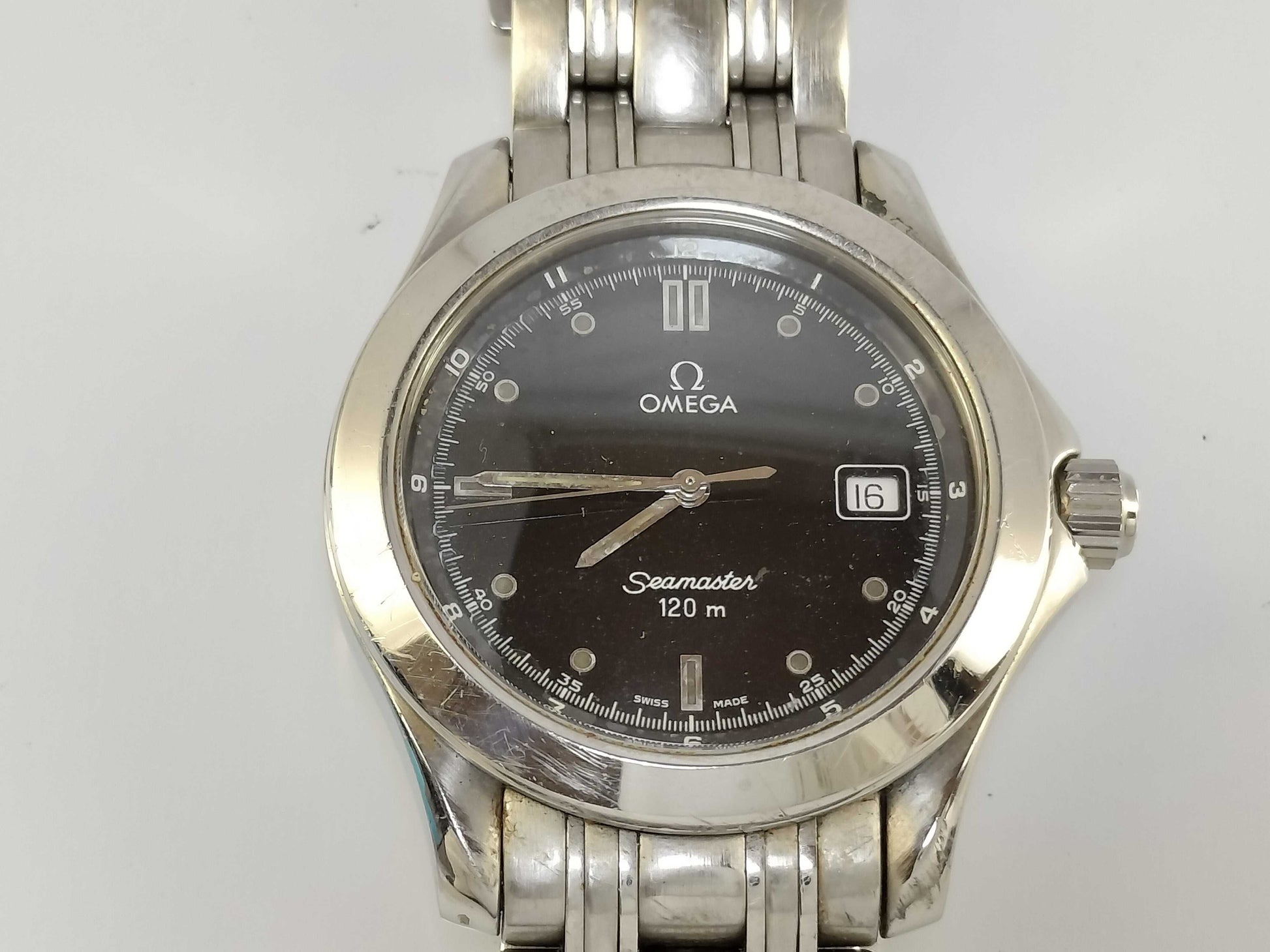 OMEGA SS/QZ Black Dial Men's Watch, Not Working/No Operational Guarantee