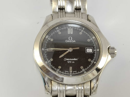 OMEGA SS/QZ Black Dial Men's Watch, Not Working/No Operational Guarantee