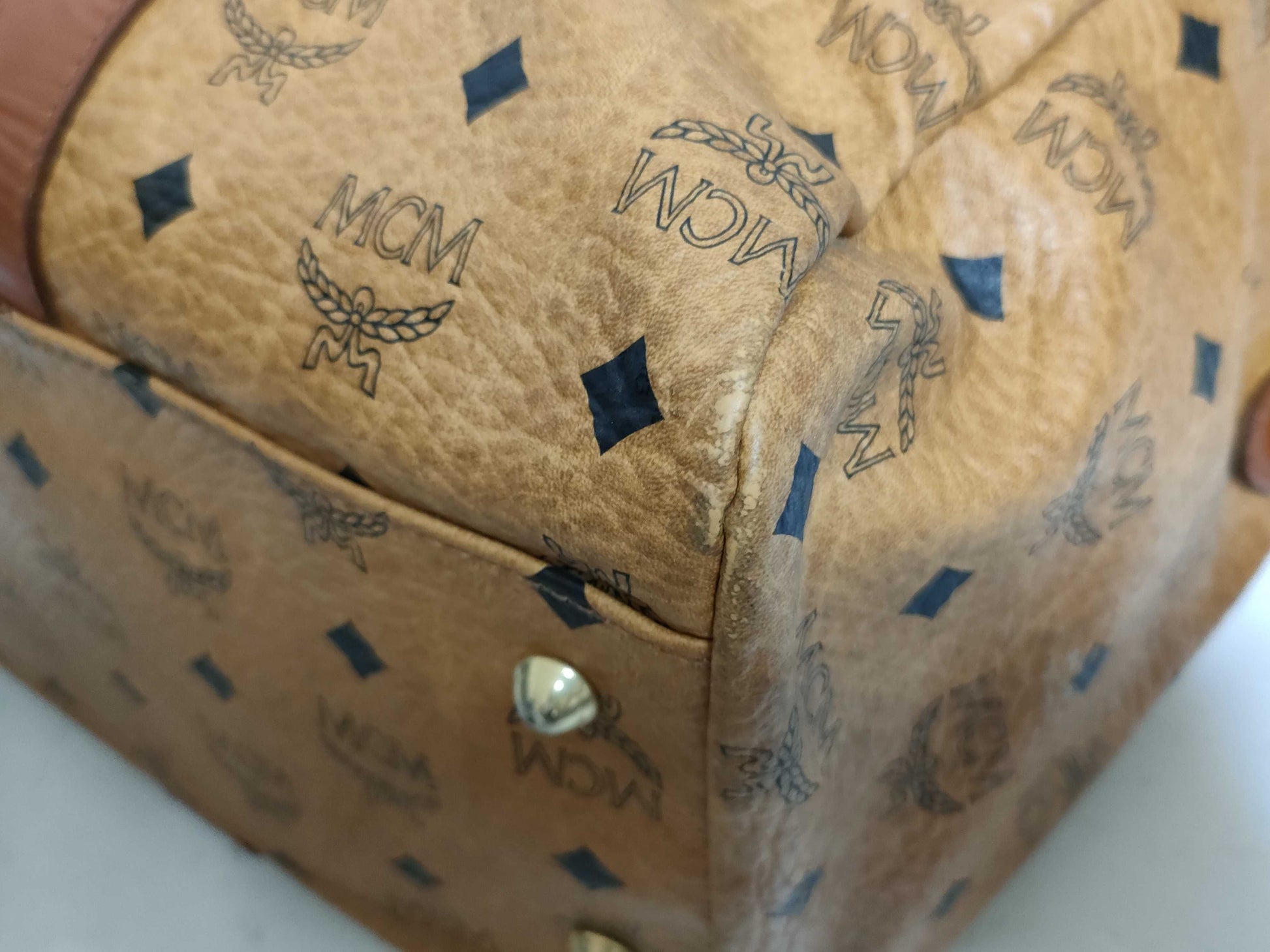 MCM Visetos Leather Boston Bag, Brown