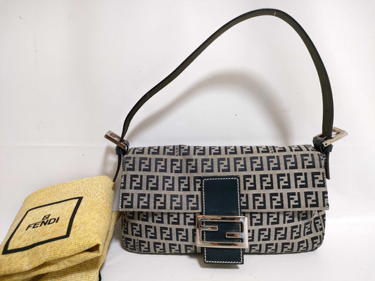FENDI Zucchino Mamma Bucket Canvas and Leather Handbag, 2305.26424.018, Gray and Navy