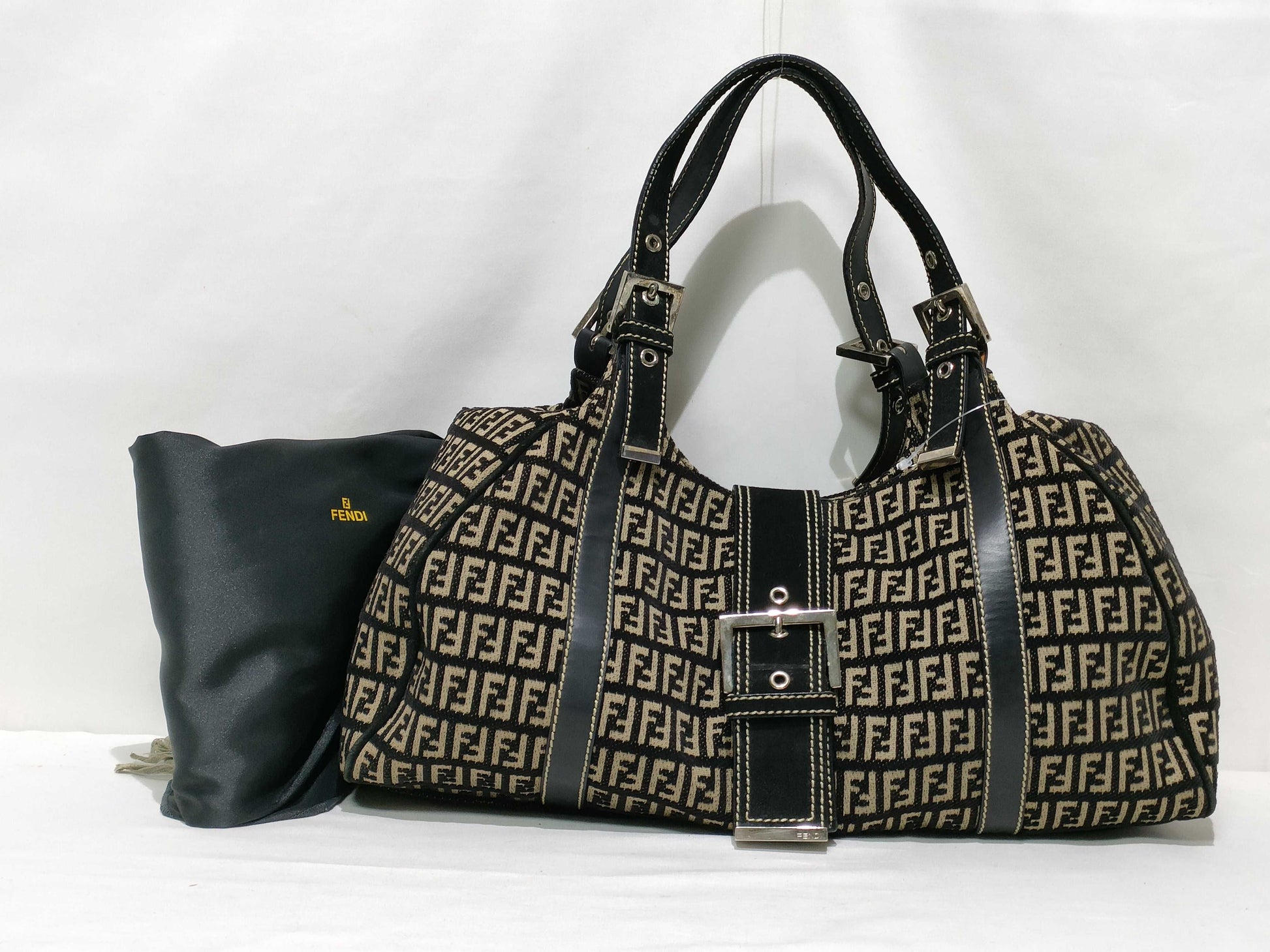 FENDI Zucchino Canvas Handbag 2305 8BR091 029 Black x Beige Handbag