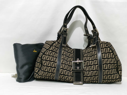 FENDI Zucchino Canvas Handbag 2305 8BR091 029 Black x Beige Handbag