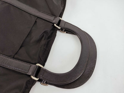 PRADA Nylon Tote Bag with Triangle Plate and Shoulder Strap, Saffiano Black