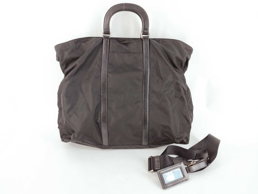 PRADA Nylon Tote Bag with Triangle Plate and Shoulder Strap, Saffiano Black