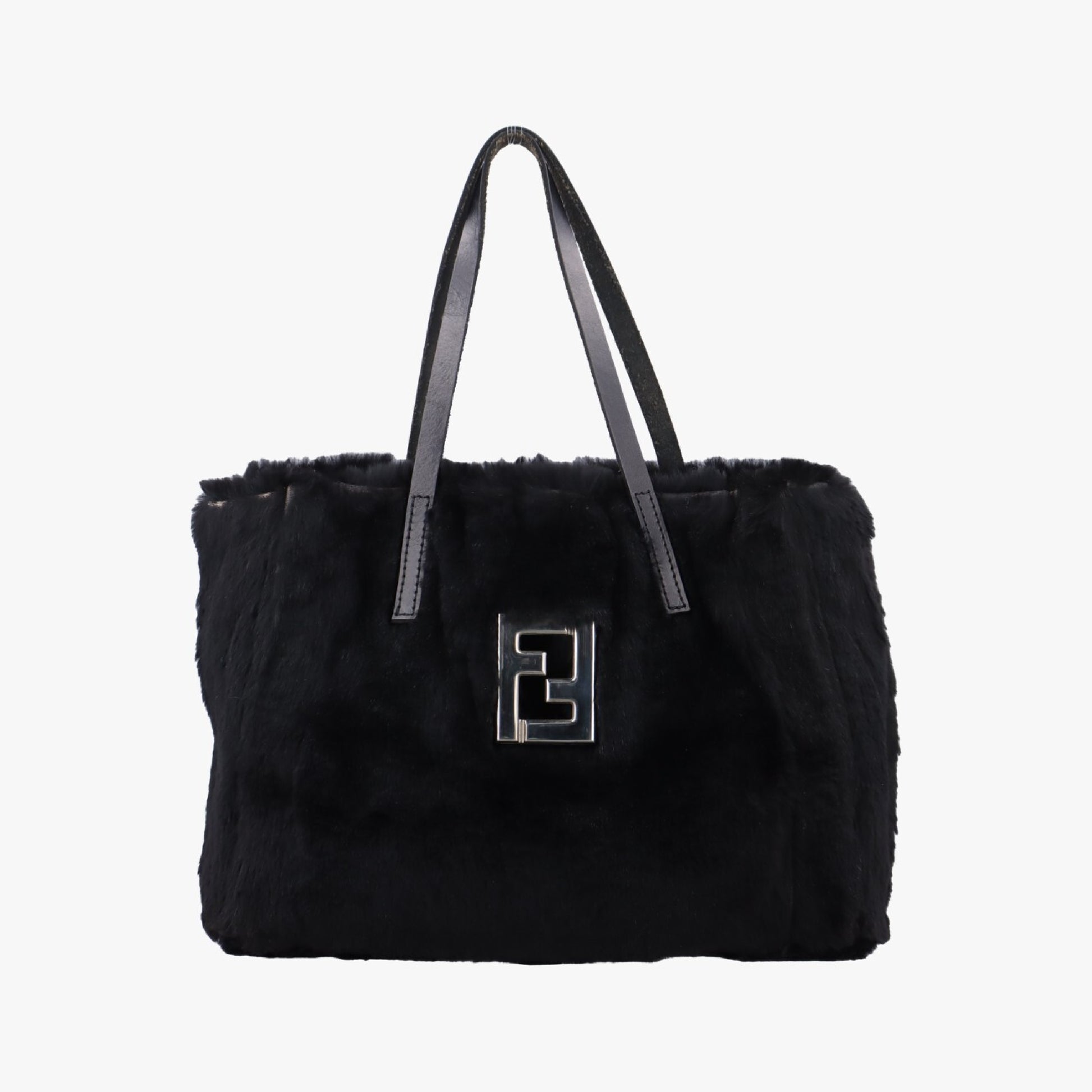 FENDI FF Logo Black Rabbit Fur Handbag 1578706-13 15787-991