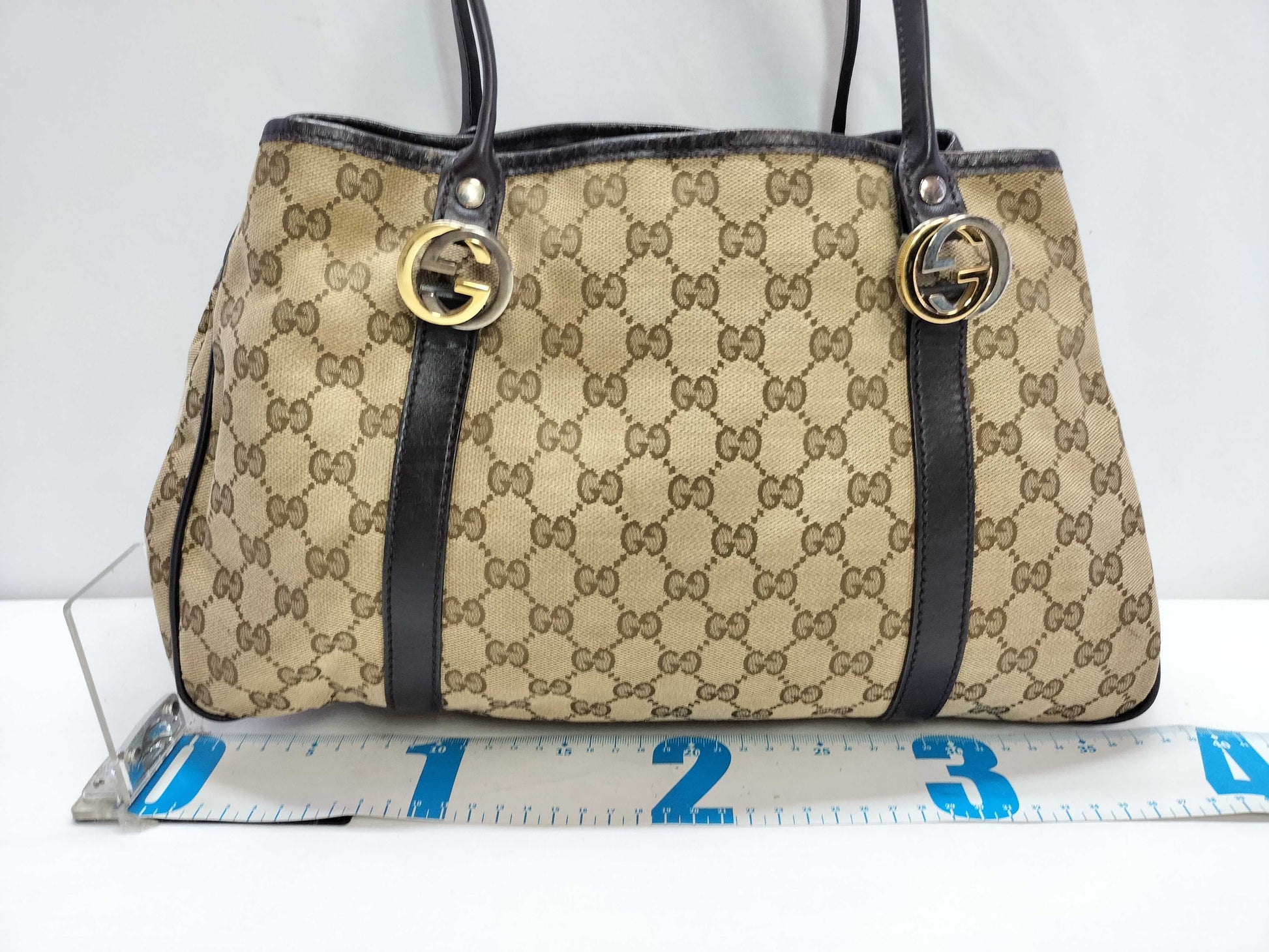 GUCCI GG Canvas ID - Gucci GG Canvas Brown x Beige Tote Bag Canvas x Leather #232957 - Grade B Tote Bag