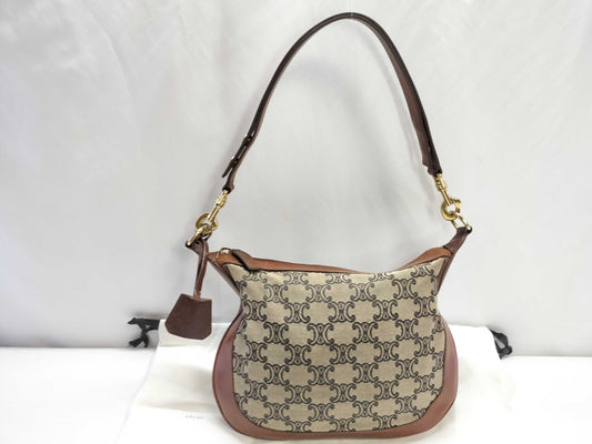 CELINE Macadam Canvas and Leather Shoulder Bag, Brown